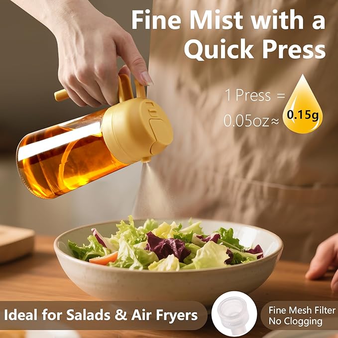 SWEET VIEW Oil Sprayer for Cooking, 16oz/470ml 2 In 1 Glass Olive Oil Sprayr & pourer for Kitchen, Air Fryer, Cooking, Salad, BBQ (Yellow)