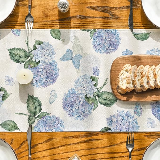 Artoid Mode Hydrangea Butterfly Summer Table Runner, Seasonal Spring Holiday Kitchen Dining Table Decoration for Home Party Indoor 13x120 Inch