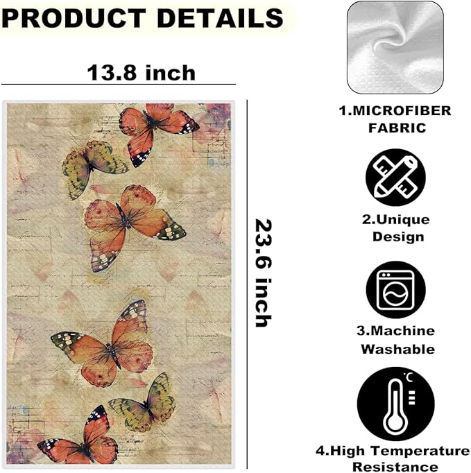 2 Pcs Vintage Butterfly Kitchen Towels, Watercolor Decorative Absorbent Microfiber Dish Cloth Tea Towel, Artistic Waffle Soft Hand Towels for Farmhouse Home Bathroom, Butterfly Gifts 1