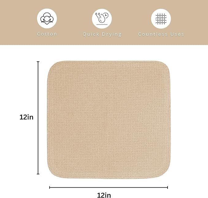 PurpleEssences Dish Cloths and Dish Rags - 6 Pack Waffle Weave Solid Kitchen Dish Wash Cloths, 100% Cotton, 12x12 Inches, Ultra Soft Absorbent Quick Drying - Spring Easter Summer - Beige