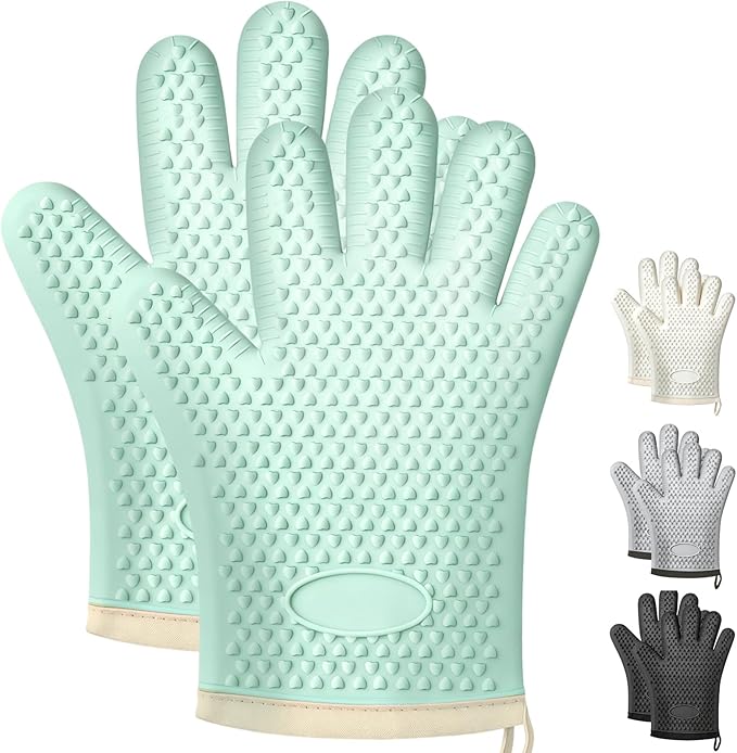 2Pack Heat Resistant Oven Mitts for Grilling and Baking, Non-Slip Silicone Gloves, Waterproof Kitchen Mitts with Flexible Fit & Easy to Clean Design, Green