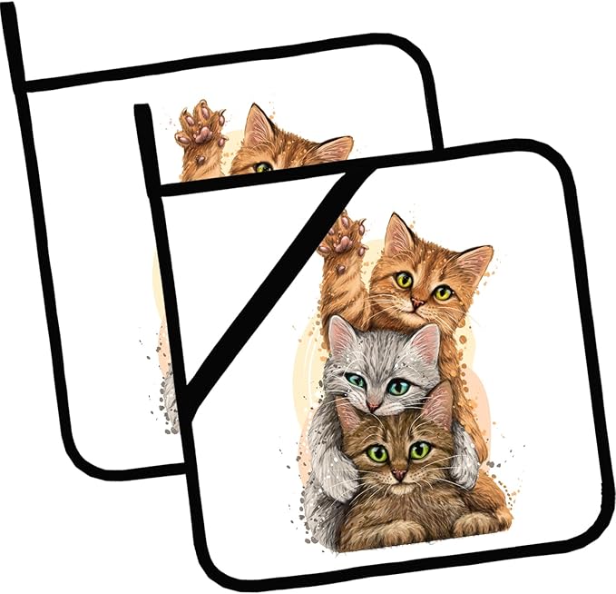 Three Cute Cats Pot Holders Set of 2,Kitchen Heat Resistant Potholders for Microwave Cooking Baking Oven and BBQ Gifts for Women