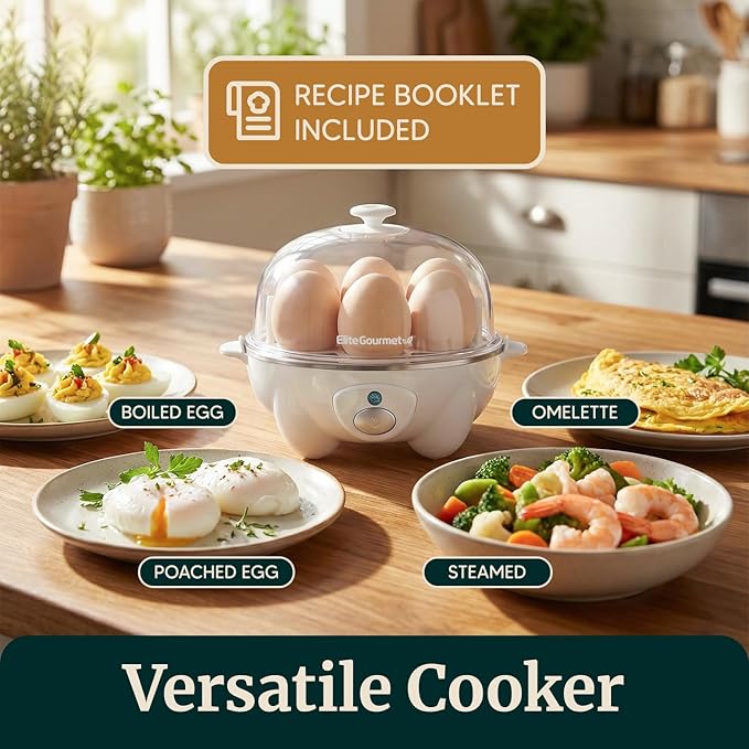 Elite Gourmet EGC-007## Rapid Egg Cooker, 7 Easy-To-Peel, Hard, Medium, Soft Boiled Eggs, Poacher, Omelet Maker, Auto Shut-Off, Alarm, 16-Recipe Booklet, White
