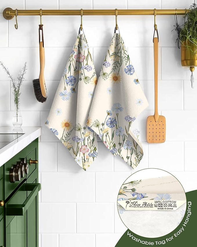 Miss Adola Flour Sack Kitchen Towels - Set of 2 Spring Dish Towels with Hanging Loop 18x26 Inch Absorbent Reusable Cotton Cloths for Cleaning Cute Design Home Decorative Housewarming, Colorful Flower