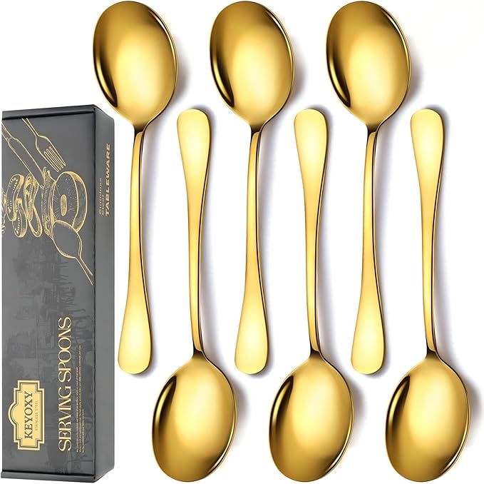 Stainless Steel Serving Spoons Set, 6pc, 10-Inch, Includes 6 Large Spoons, for Parties/Kitchen/Buffet/Catering, Dishwasher Safe, Gold