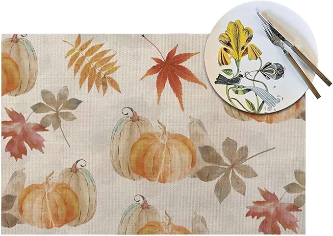 Fall Pumpkin Placemats 12x18 Inch Set of 4, Pumpkin Maple Leaf Watercolor Table Place Mat Autumn Thanksgiving Harvest Washable Table Mats Decorative Linen Fabric Table Mat for Dining Table