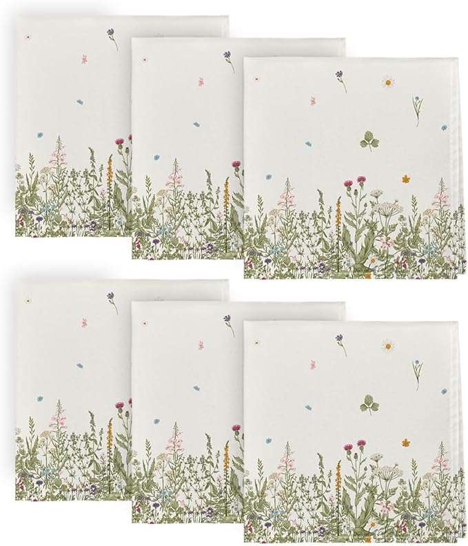Horaldaily Spring Summer Cloth Napkins 18 x 18 Inch, Wild Flowers Floral Party Dinner Decoration Washable Napkins Set of 6