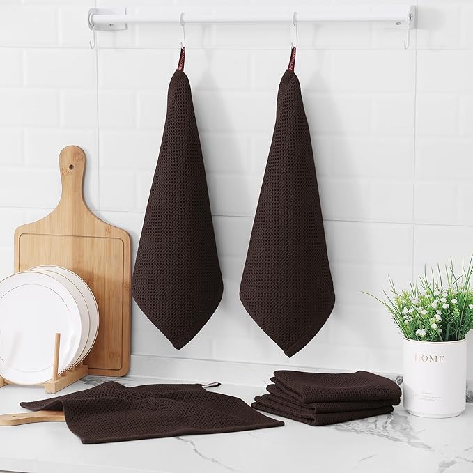 Kitinjoy 100% Cotton Kitchen Dish Cloths (12 X 12 Inches, Dark Brown), 6 Pack Waffle Weave Ultra Soft Absorbent Dish Towels for Drying Dishes Quick Drying Kitchen Towels Dish Rags