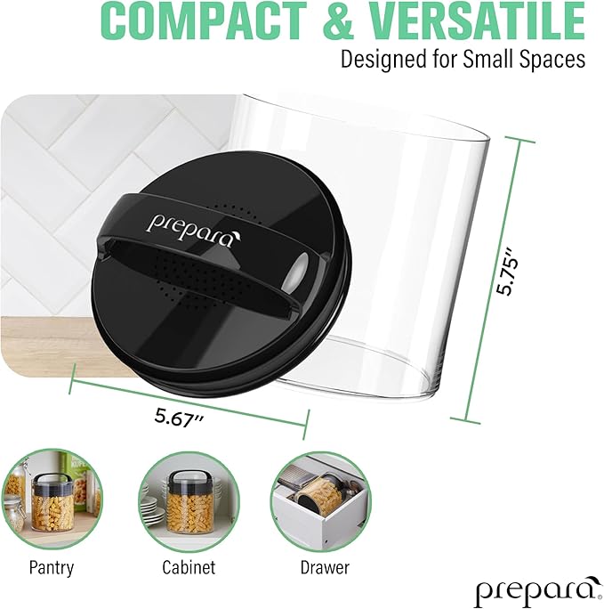 Prepara Evak Fresh Saver Short Airtight Containers, Large - Black Handle with Patented Twin-Valve System, BPA Free Stackable Storage Canisters for Pantry Organization - Dishwasher Safe (2-Pack)