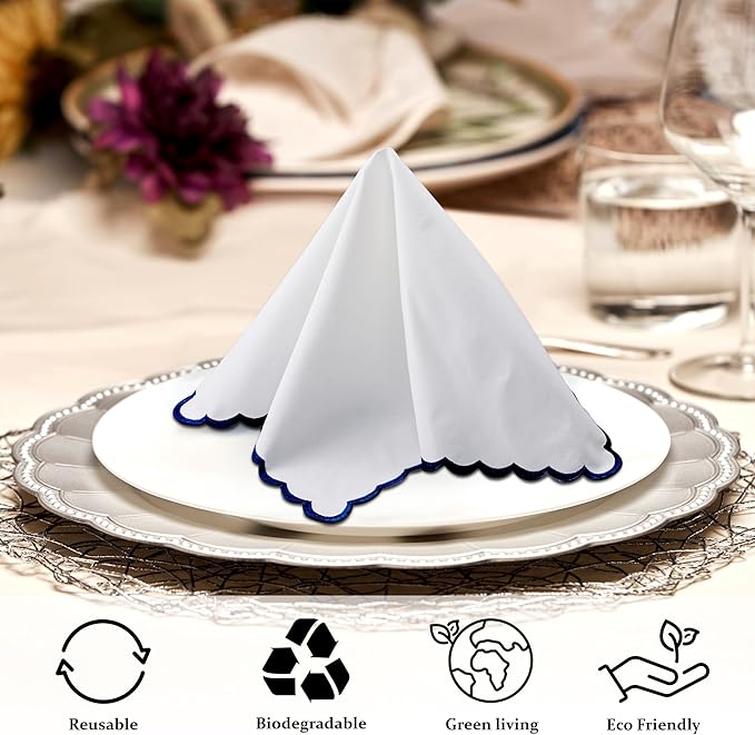 Ridhi Cloth Napkins 100% Pure Cotton Farmhouse Wedding Dinner Napkins Gift for Spring, Easter, Valentine, Holiday, Everyday Napkin (4-18" x 18" White with Tanzanite Blue Edge)