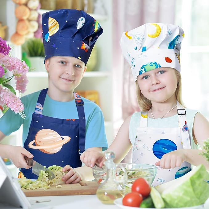 GROBRO7 4Pcs Kids Apron and Chef Hat Set Gift for Girls Boy, Space Theme Pattern Adjustable Kitchen Toddler Aprons with 2 Pockets Waterproof Chef Hats for Baking Cooking Painting Gardening Crafting