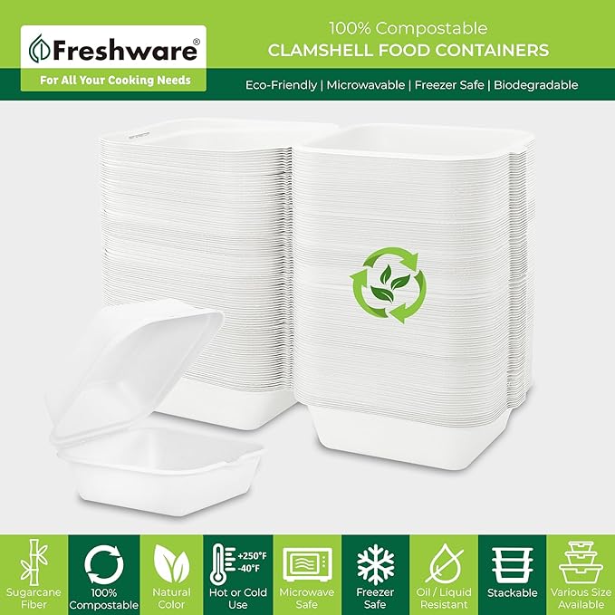 Freshware Clamshell Food Containers with Lids [6x6 500-Pack] Disposable To Go Containers, Biodegradable Sugarcane To Go Boxes - Paper Container - Microwave & Freezer Safe, Stackable