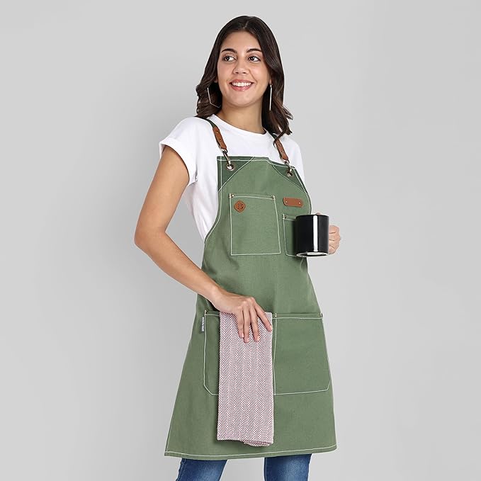 Chef Apron, Recycled Cotton Kitchen Apron with an Adjustable Neck with Long Ties, for cooking, baking
