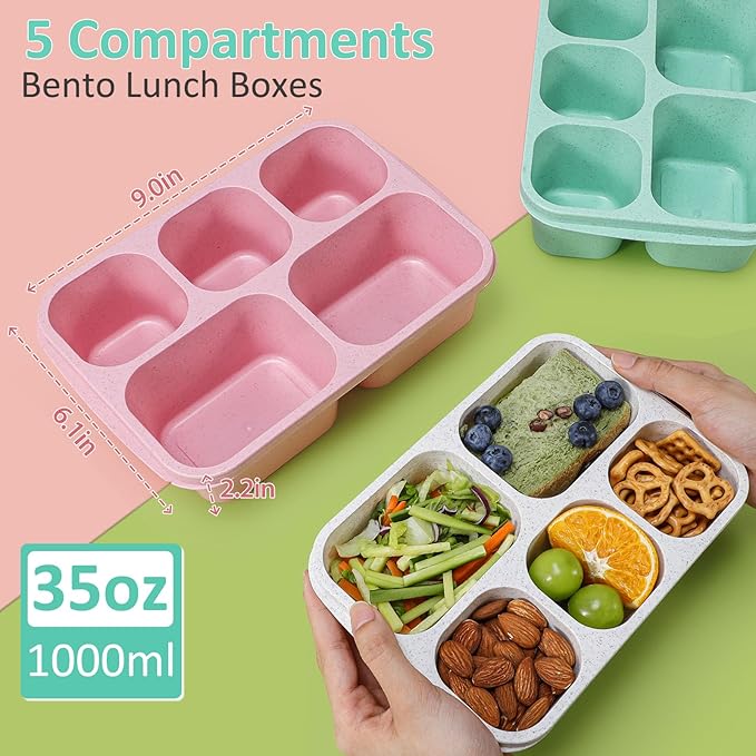Caperci Wheat Straw Bento Snack Box Containers for Adults & Kids - Reusable Adult Lunchable Food Storage Containers with 5-Compartment for Snacks & Meals, BPA-Free, 4-Pack (Multicolor & Clear Lids)