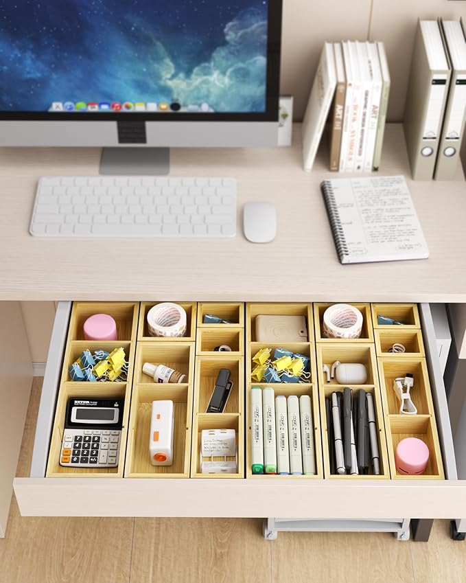 12-Piece Bamboo Desk Drawer Organizer Set – Adjustable Storage Boxes with 24 Compartments, Non-Slip, Modular Design for Office, Jewelry, Vanity, and Kitchen Utensil Drawer Storage