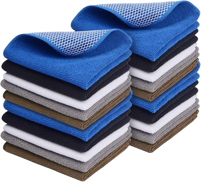 SINLAND Microfiber Dish Cloth for Washing Dishes Best Kitchen Washcloth Dish Rags Cleaning Cloths Poly Scour Side Color Assorted 12inchx12inch (Bluex4+whitex4+greyx4+brownx4+blackx4)