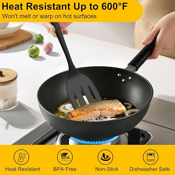 Beijiyi Silicone Spatula Set of 4, 600°F Heat Resistant, BPA Free Kitchen Spatula and Spoons for Nonstick Cookware, Solid & Slotted Turner Cooking Utensils for Serving, Flipping Egg, Pancakes (Black)