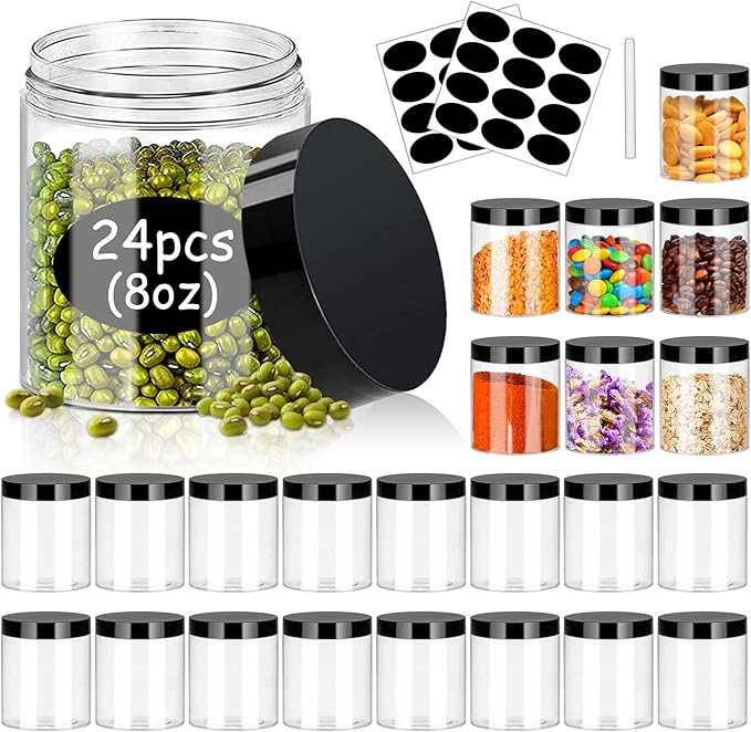 SLifeJars 8oz Plastic Jars with Lids 24 Pack Clear Plastic Slime Containers Stackable Round Empty Clear Jars with Black Lids Pen Labels Refillable Slime Jar for Kitchen Storage Spices Dry Food