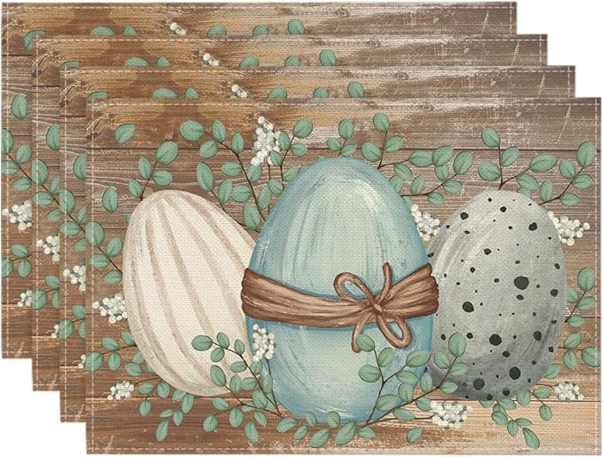 Artoid Mode Wood Eucalyptus Eggs Easter Placemats Set of 4, 12x18 Inch Spring Seasonal Table Mats for Party Kitchen Dining Decoration