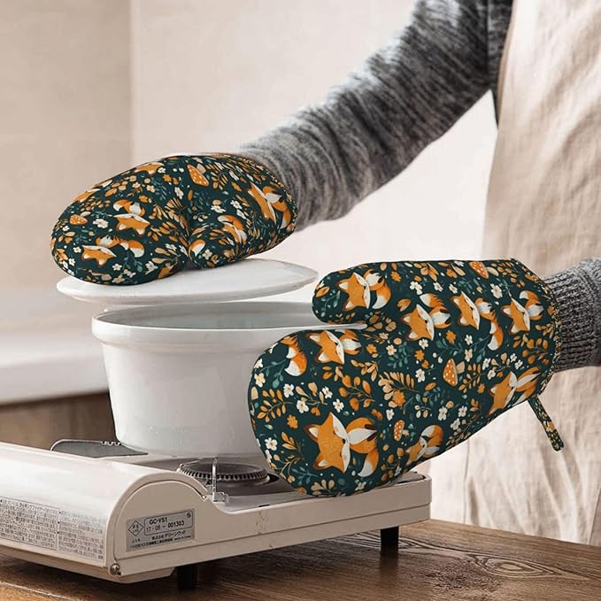Forest Fox Silicone Oven Mitts Set of 2, Heat Resistant up to 500°F, Kitchen Oven Gloves with Non-Slip Grip and Soft Cotton Lining for Baking, Cooking and BBQ