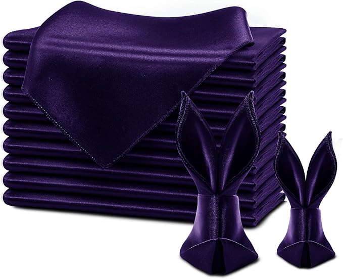 KKJIAF Purple Silky Satin Napkins (12 Pieces, 17x17 Inches),Washable Polyester Square Table Napkins for Wedding Dinner Party Decoration