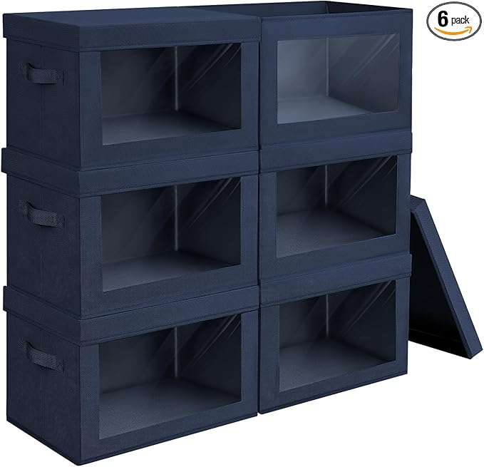 Homsorout Minimalist 6 Pack Large Fabric Storage Bins with Lids, Navy Blue, 14 Inch. - 6 Count, Ideal for Clothes, Books, CD, Bedroom, Living Room