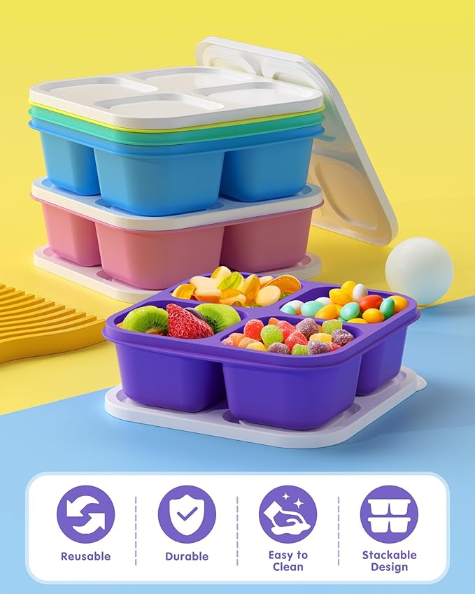 Canfanni 5 Pcs Bento Snack Containers, Reusable 4 Compartment Divided Food Storage Containers, Divided Lunchable Container for School, Work and Travel (5 Color)