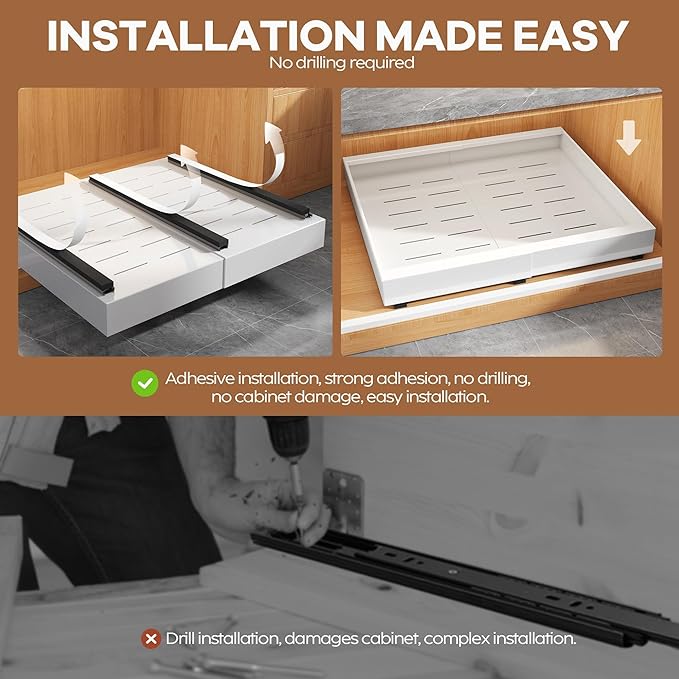 Seinloes 2 Pack Expandable Pull Out Cabinet Organizer 21"Deep With Raising Pad for Framed Cabinets,Upgrade 3 Slide Rails Slide Out Drawers,Roll Out Shelves Adhesive,Adjustable Width 15.15"-26.3" White