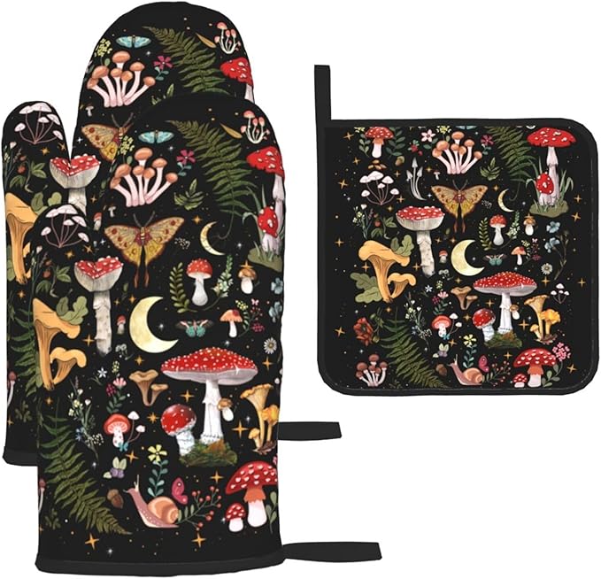 Mushroom Oven Mitts and Pot Holders Sets, Heat Resistant Black Hot Pads Witchy Oven Gloves for Cooking Grilling Baking Kitchen Decor Aesthetic, Witchy Gifts for Women,Mushroom Gifts for Women
