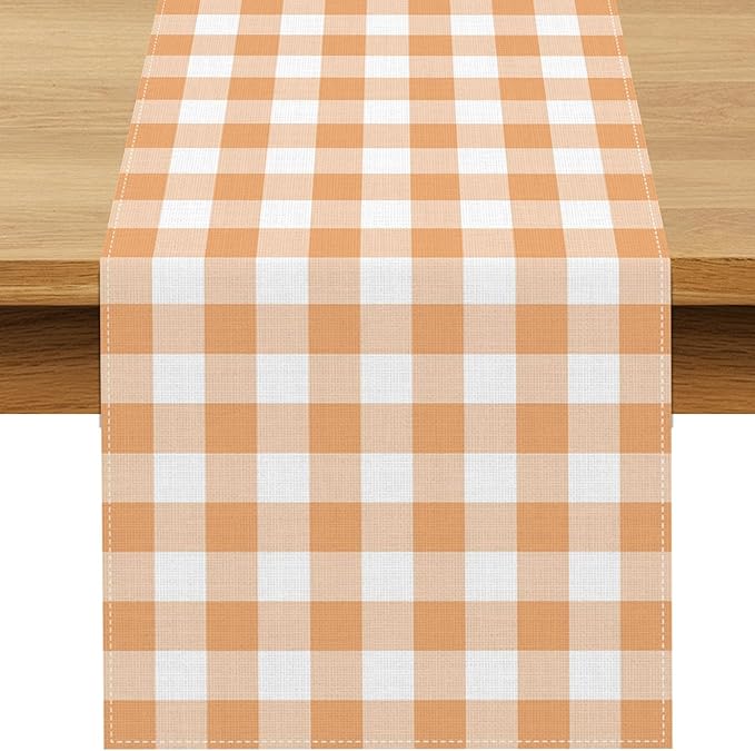 Fall Orange and White Gingham Table Runner Autumn Thanksgiving Plaid Decoration BBQ Picnic Dining Room Home Kitchen Table Decor (Orange, 13" x 72")