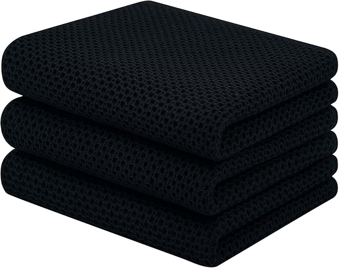 Homaxy 100% Cotton Waffle Weave Kitchen Towels, 3-Pack Ultra Soft Absorbent Dish Towels, Quick Drying Cleaning Towels, 13 x 28 Inches, Black