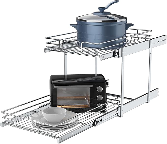 2 Tier Pull Out Cabinet Organizer, 17" W x 21" D Heavy-Duty Metal Sliding Drawer Shelf for Kitchen Cabinets, Chrome, Doesn't Include Door Fittings