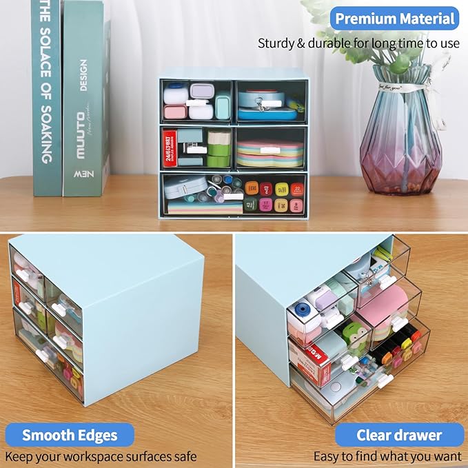 Desk Organizer with 5 Drawers, Rectangular Office Stationery Supplies Desktop Drawers, Plastic Makeup Storage, Suitable for Office, School, Home (Blue & 5 Drawers)