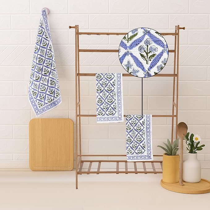 Ridhi Light Steel Blue Hand Block Print Waffle Kitchen Towel Set of 3-16 x28 Ultra Absorbent Quick Dry 100% Cotton Dish Towels Lightweight Reusable Sustainable Tea Towels for Cleaning and Drying