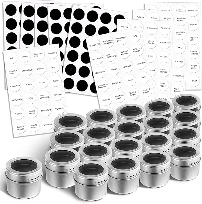 Bekith 20 Pack Magnetic Spice Jars, Magnetic Spice Containers for Refrigerator, Seasoning Tins with Clear Top Lid, 240 PVC Spice Label Set