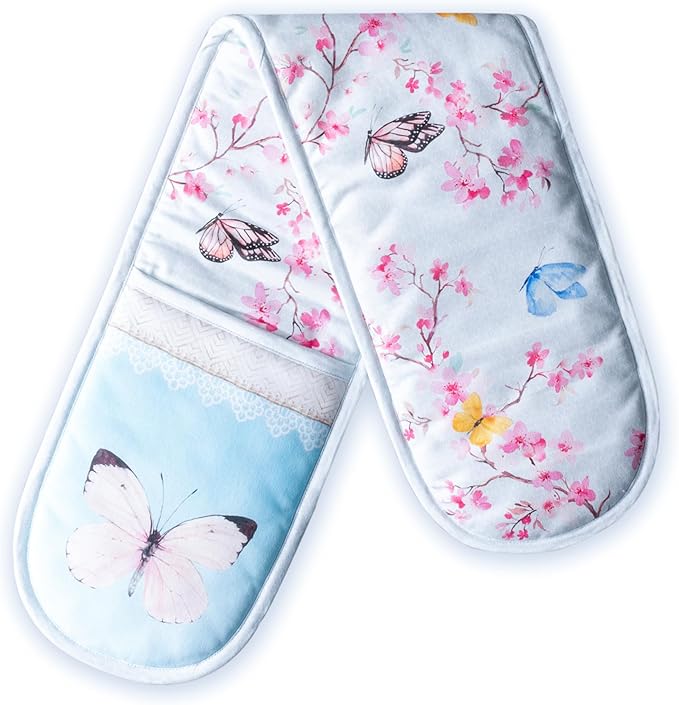 Maison d' Hermine Double Oven Mitts 100% Cotton 7"x35" Double Oven Mitt Heat Resistant BBQ Cooking Gloves with Loop Baking Grilling Gifts for Mothers Day Spring Summer (Blossoms in Spring)