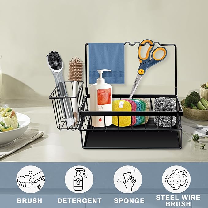 Yazoni Sponge Holder for Kitchen Sink, Rustproof Kitchen Sink Organizer Countertop Holder with High Brush Holder, Multifunctional Soap Dispenser Kitchen Organizers and Storage Essentials