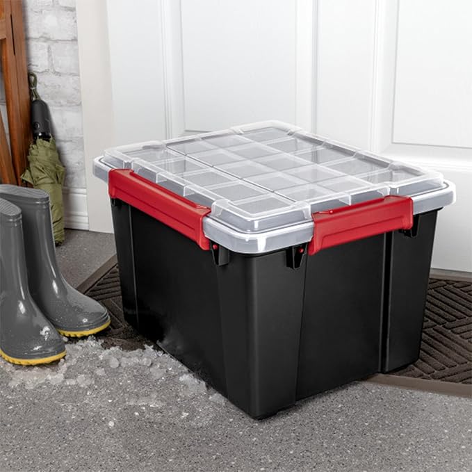 Sterilite 12 Pack Gasket Box, Stackable Plastic 8.5 Gallon Storage Container with Lids, Black - Waterproof and Dustproof Tote for Home Organization