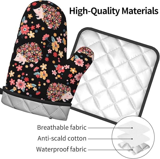 Flowers and Cute Hedgehogs Oven Mitts and Pot Holders Heat Resistant Oven Mitts Safe for Baking Cooking BBQ