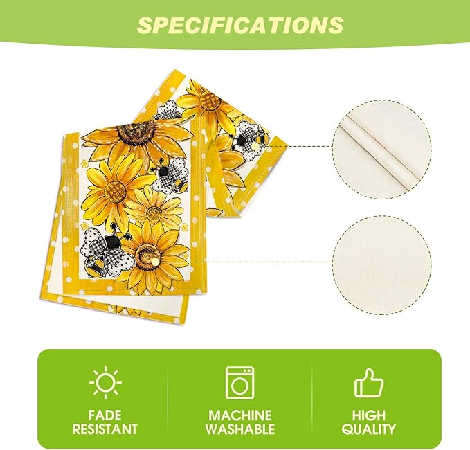 Artoid Mode Sunflower Bee Flower Polka Dot Summer Table Runner, Seasonal Kitchen Dining Table Decoration for Indoor Party Home 13x72 Inch