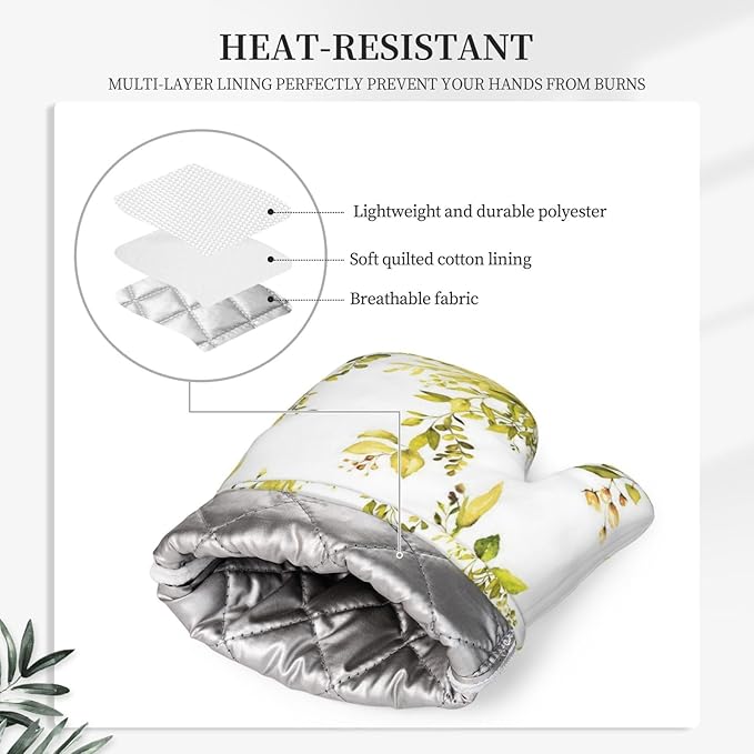 Yellow Eucalyptus Oven Mitts and Pot Holders Set, 4pcs Silicone Watercolor Plant Leaves with Floral Oven Glove for Kitchen Heat Resistant Oven Mitts and Potholders Non-Slip for Cooking