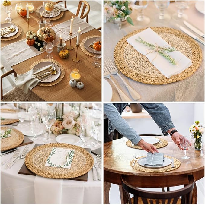13 in Woven Placemats Plate Chargers Set of 12, Boho Farmhouse Rustic Round Place Mats for Dining Table Decor, Rattan Wicker Table Mats Chargers for Dinner Plates