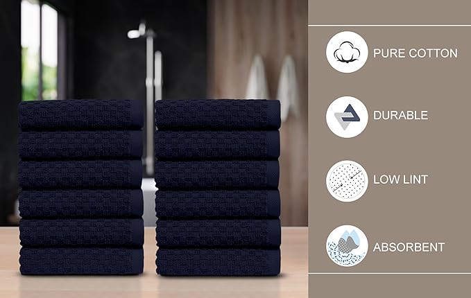COTTON CRAFT Waffle Weave Wash Cloth - 12 Pack Luxurious Pure Ringspun Cotton Euro Spa Bathroom Face Towel - Absorbent Quick Dry Gym Shower Bath Kitchen Travel - 12x12 inches - Navy