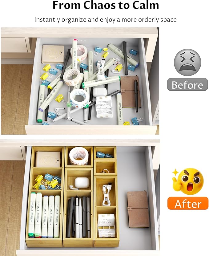 12 Compartments Silverware Drawer Organizer, 6 Piece Bamboo Utensil Tray Set for Kitchen Spoons Forks Knives, Adjustable Cutlery Holder with Removable Dividers for Flatware, Bedroom & Living Room