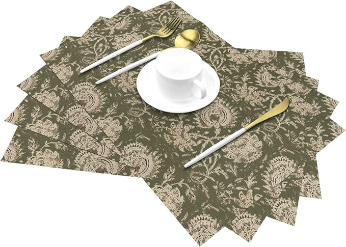 Boho Place mats Set of 4,12x18 Inches Sage Green Block Print Floral Decorative Spring Summer Flower Decor Placemats Rectangle Linen Table Mats for Party Home Kitchen Dining Table Decoration
