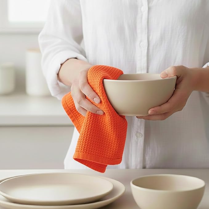 PurpleEssences Waffle Weave Kitchen Towel, 100% Cotton - 15x25 Inches with Hanging Loop, Ultra Soft Absorbent Quick Drying Dish Cloth, Tea and Hand Towels, 6 Pack - Spring Easter Summer - Orange
