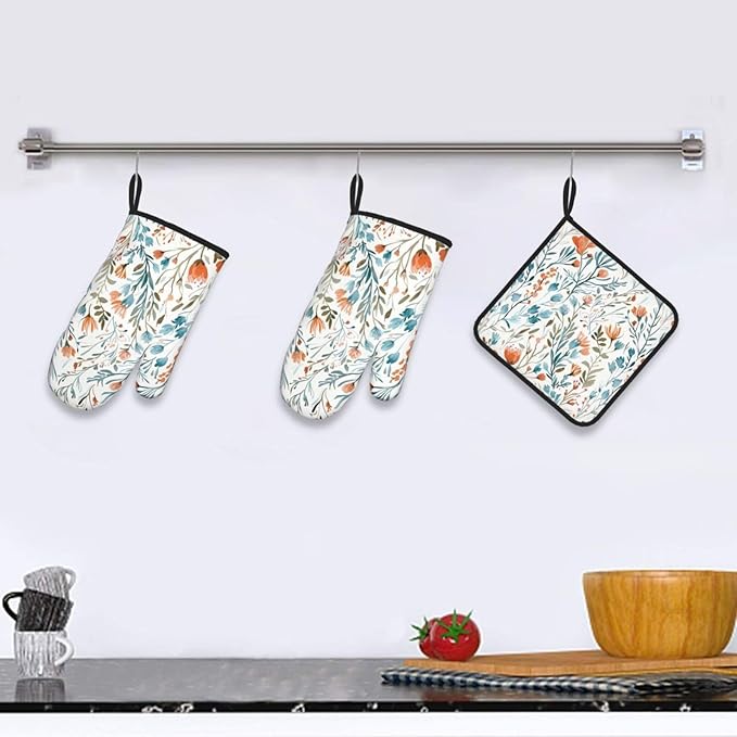 Teal Orange Watercolor Floral Oven Mitts and Pot Holders Sets of 3, Heat Resistant Non-Slip Washable, Chef Cooking Baking Gifts for Women Bakers, Burnt Orange Blue Green Flowers Charming Kitchen Decor