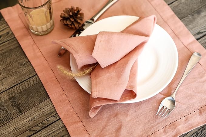 100% Pure Linen Dinner Cloth Napkins 15 x 15 Inch Dusty Pink - Set of 6 Pack European Flax Natural Fabric Washable for Home and Kitchen