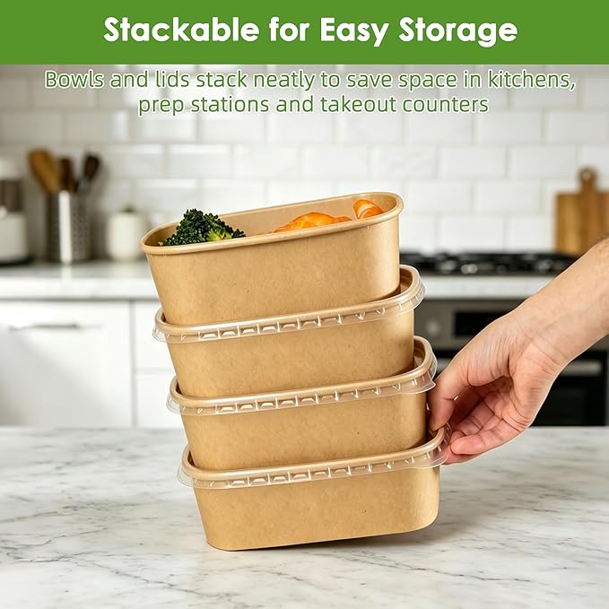 50-Pack 30oz Disposable Meal Prep Containers【with Lids and Forks】, Compostable Kraft Paper Bowls To Go Food Containers, Microwave & Freezer Safe for Hot & Cold Foods