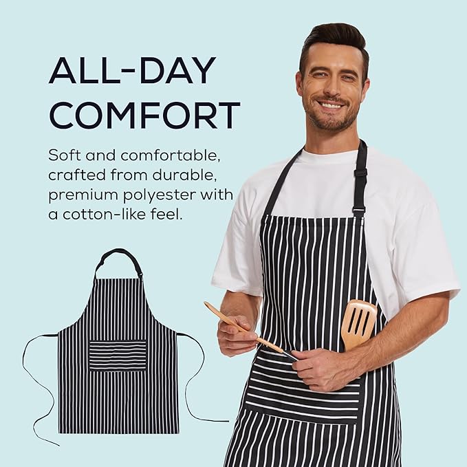 Will Well Kitchen Apron for Men and Women - 33" x 27" Oil-and-Water-Resistant with Adjustable Neck Strap and 38" Waist Ties for a Snug Fit, Lightweight with 2 Front Pockets - 6-Pack, Black